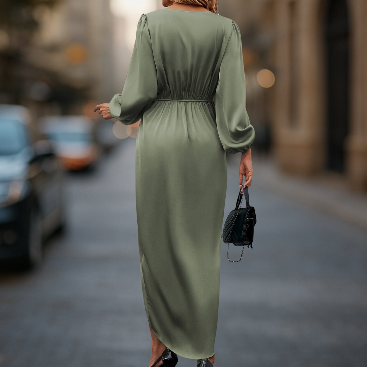Satijnlook Jurk met Lange Mouwen en Taille-accent - afbeelding 10