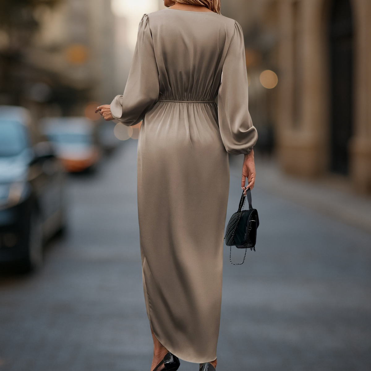Satijnlook Jurk met Lange Mouwen en Taille-accent - afbeelding 2
