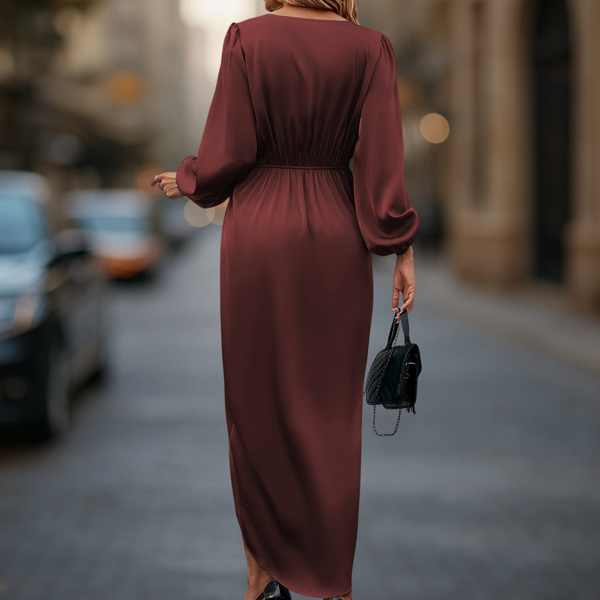 Satijnlook Jurk met Lange Mouwen en Taille-accent - afbeelding 9