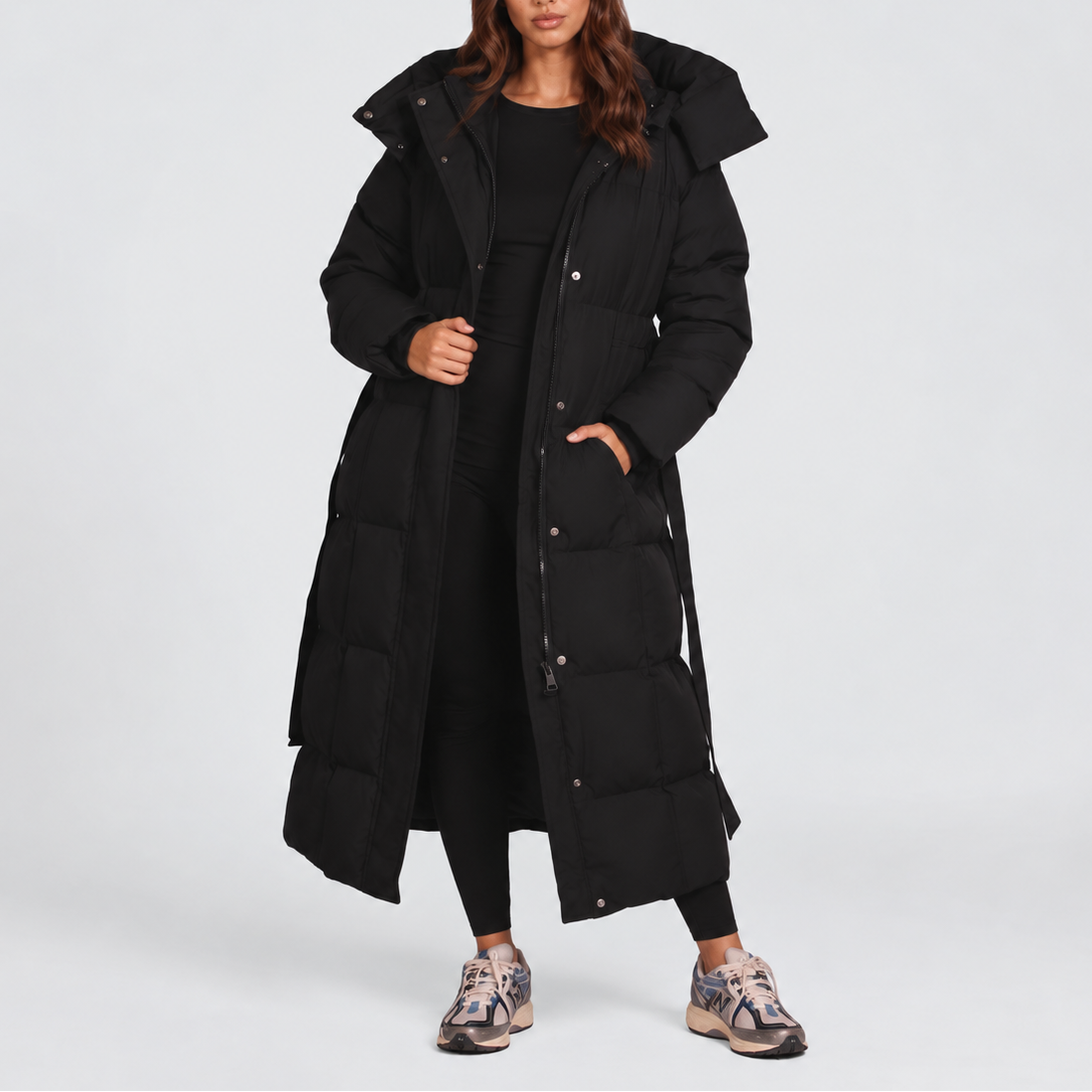 Lange Puffer Jas met Capuchon en Ceintuur - afbeelding 1