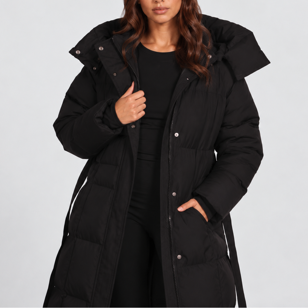 Lange Puffer Jas met Capuchon en Ceintuur - afbeelding 2
