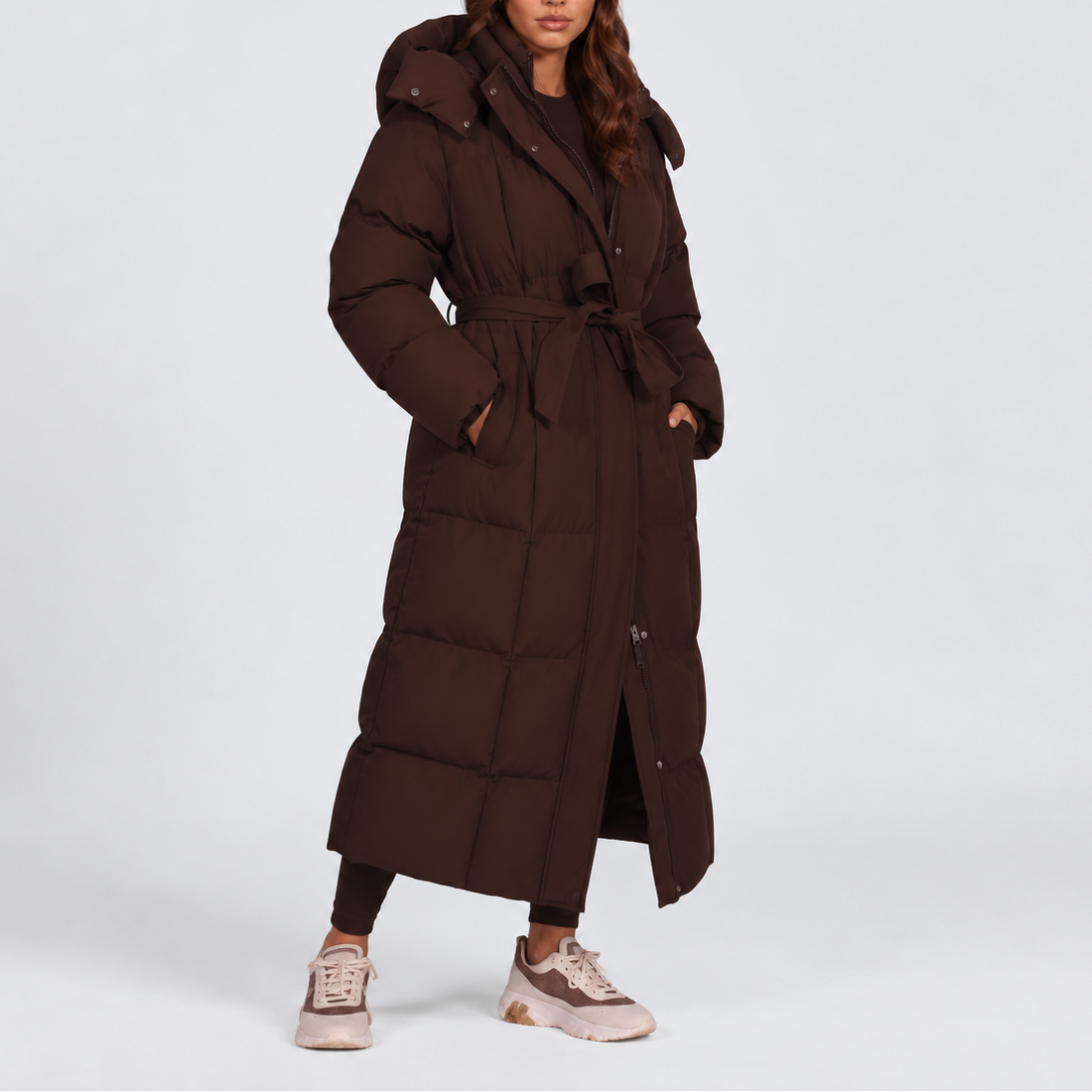 Lange Puffer Jas met Capuchon en Ceintuur - afbeelding 4
