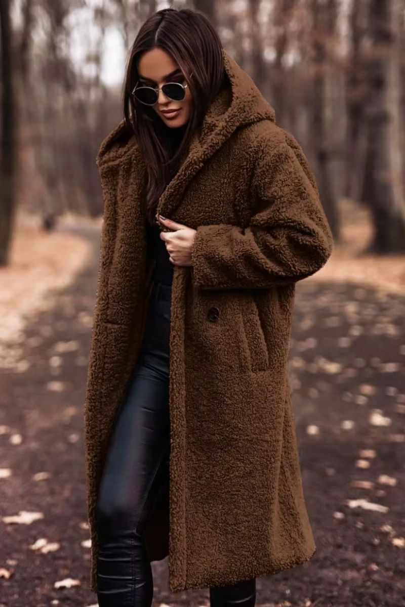 Lange Teddy Jas met Capuchon - Bruin