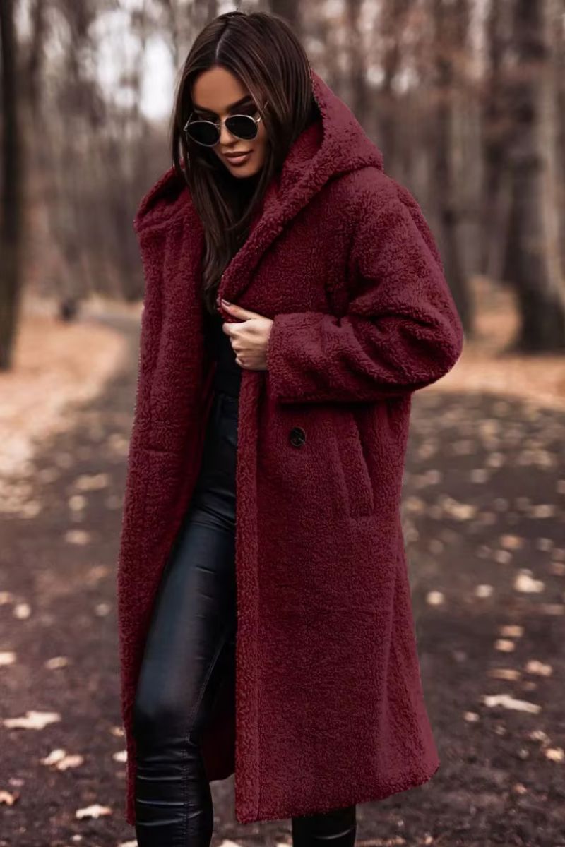 Lange Teddy Jas met Capuchon - Burgundy