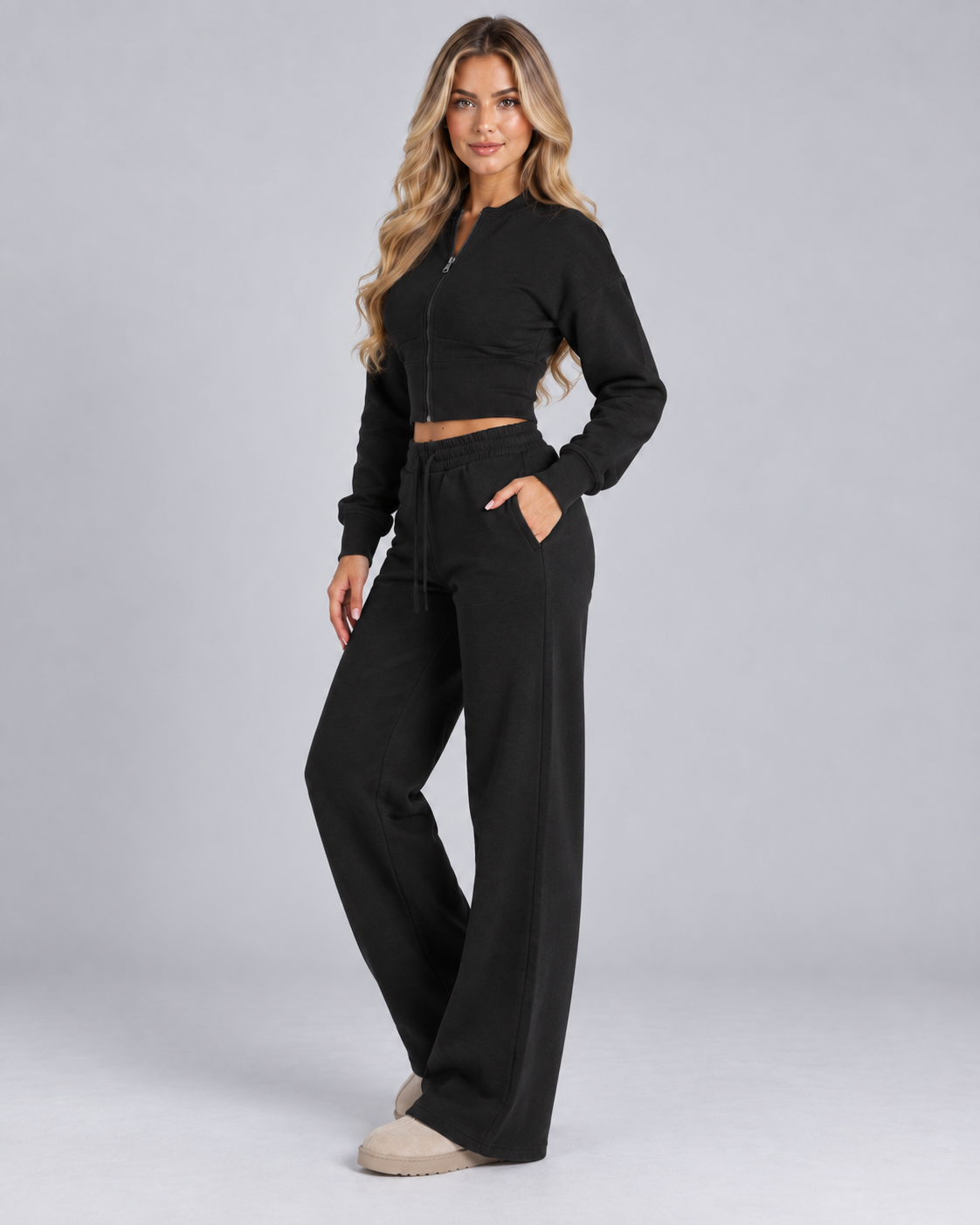 Fleece Tracksuit Set - Cropped Zip-Up & Wide Leg Broek - afbeelding 3