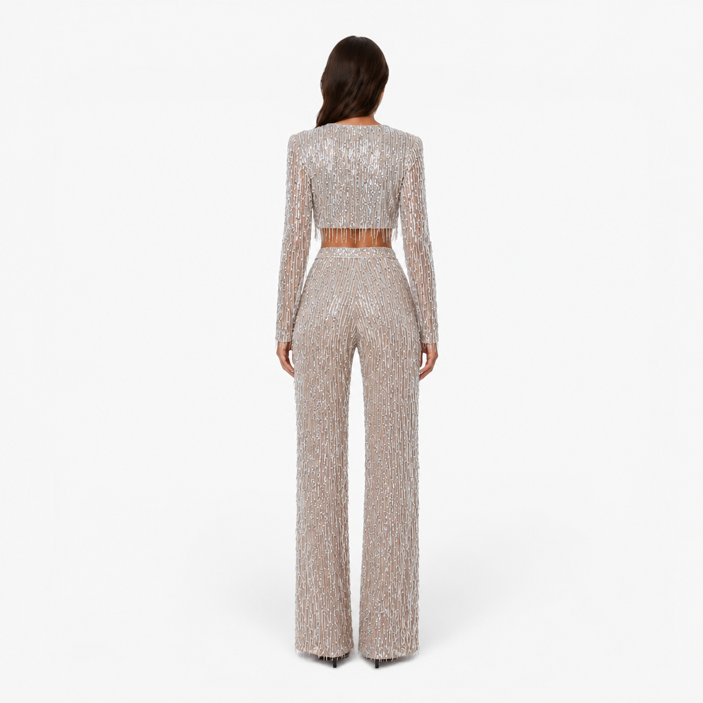 Pailletten Tweedelige Set Crop Top & Wide Leg Broek Champagne - afbeelding 2