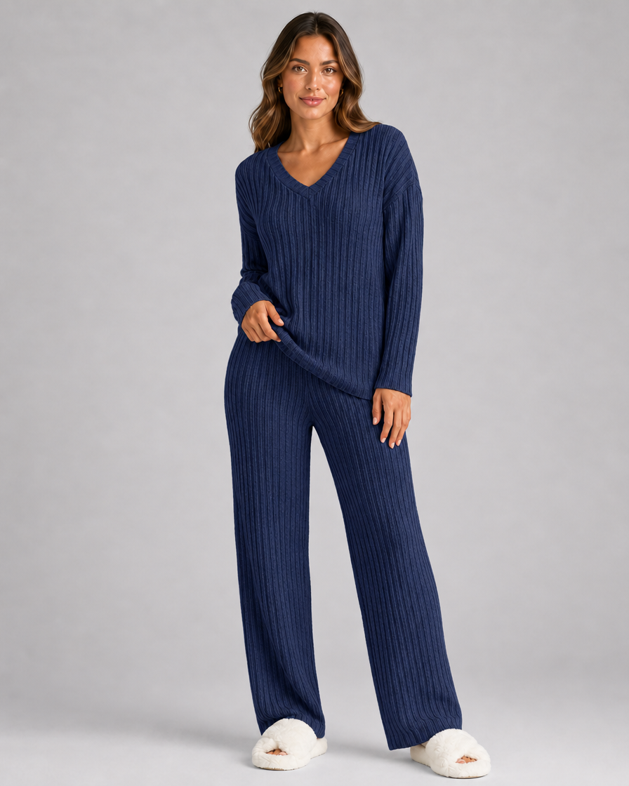 Geribbelde Lounge Set met V-Hals - Navy