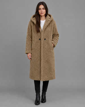 Lange Teddy Jas met Capuchon - Camel